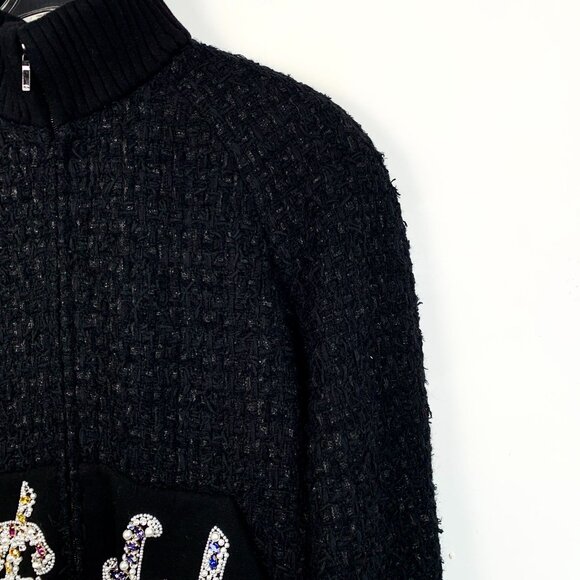 Chanel Black Textured Knit Zip-Up Jacket With Crystal Embellished Pockets - Picture 3 of 8